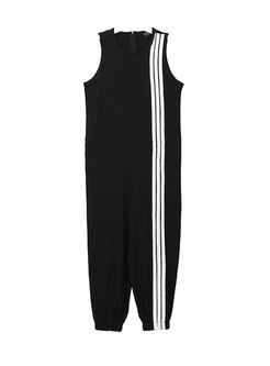 Black Crew Neck Sleeveless Striped Casual Jumpsuits