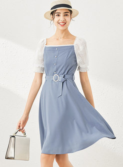 Square Neck Puff Sleeve Belted A Line Dress
