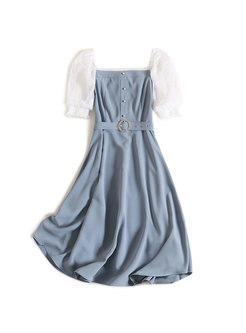 Square Neck Puff Sleeve Belted A Line Dress