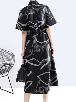 Lapel Print Short Sleeve Drawstring Midi Shirt Dress