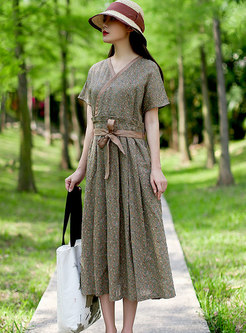V-neck Floral Linen A Line Midi Warp Dress