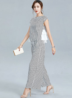 Color-blocked Striped Ruffle Patchwork Pant Suits