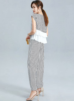 Color-blocked Striped Ruffle Patchwork Pant Suits