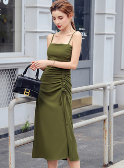 Green Sleeveless Bodycon Drawstring Slip Dress