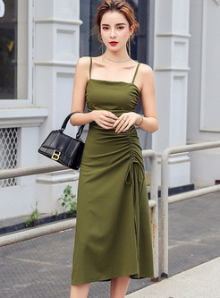 Green Sleeveless Bodycon Drawstring Slip Dress