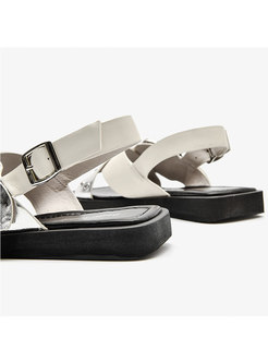 Square Toe Leather Buckle Flat Sandals