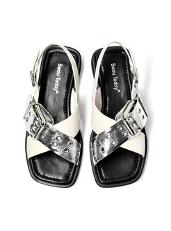 Square Toe Leather Buckle Flat Sandals