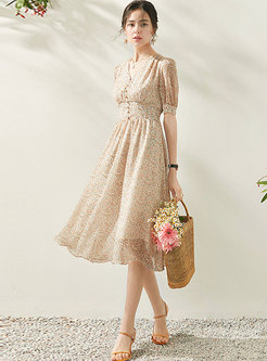 Apricot Puff Sleeve Floral A Line Dress