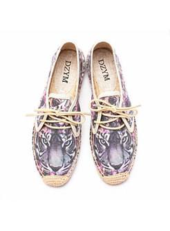 Round Toe Print Canvas Lace-up Flats