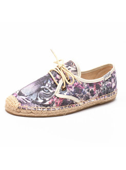 Round Toe Print Canvas Lace-up Flats