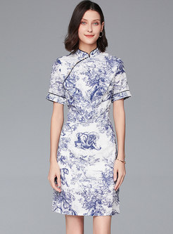 Mandarin Collar Print Slit Cheongsam Mini Dress