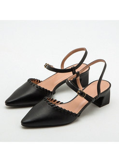 Pointed Toe Leather Buckle Chunky Heel Sandals
