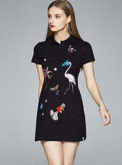 Turn Down Collar Embroidered A Line Mini T-shirt Dress