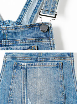 High Waisted Denim Long Overalls With Pockets