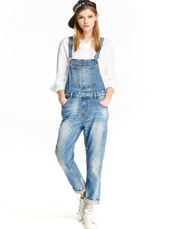 High Waisted Denim Long Overalls With Pockets