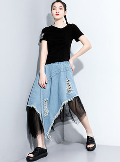 High Waisted Denim Patchwork Mesh Long Skirt