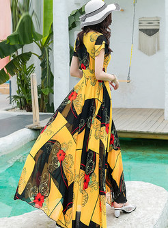 Bohemian Color-blocked Print Big Hem Beach Dress