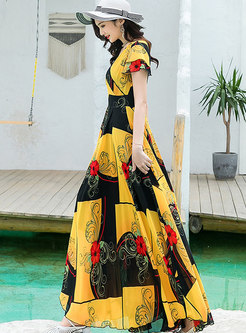 Bohemian Color-blocked Print Big Hem Beach Dress
