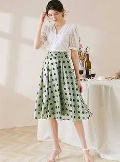 Lace Puff Sleeve Blouse & Polka Dot Midi Skirt