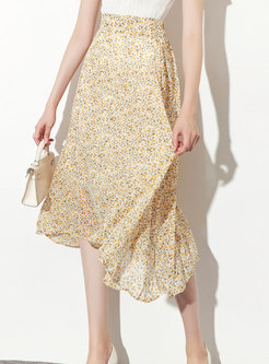 Yellow High Waisted Floral A Line Midi Skirt