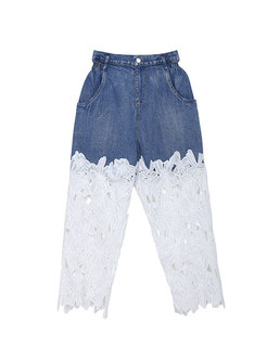 Denim Patchwork Lace Straight Pants With Pockets