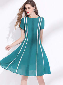 Color-blocked Striped Patchwork Chiffon A Line Dress