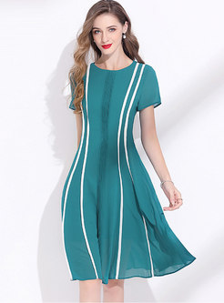 Color-blocked Striped Patchwork Chiffon A Line Dress