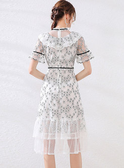 White Flare Sleeve Print Lace A Line Dress