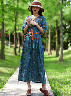 V-neck Floral Half Sleeve Midi Wrap Dress