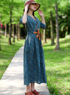 V-neck Floral Half Sleeve Midi Wrap Dress