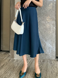 Solid Color Satin A Line Long Skirt