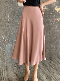 Solid Color Satin A Line Long Skirt