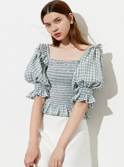 Square Neck Plaid Half Sleeve Pullover Blouse