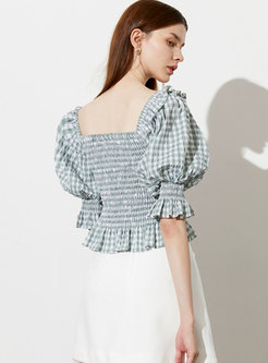 Square Neck Plaid Half Sleeve Pullover Blouse