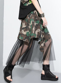 Letter Print Camouflage Patchwork Mesh Long Skirt