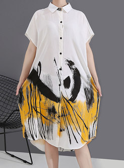 Lapel Print Single-breasted Loose Shirt Dress
