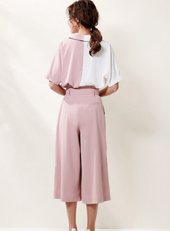 Color-blocked Notched Blouse & Palazzo Cropped Pants
