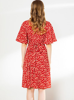 Red Floral V-neck High Waisted Skater Dress