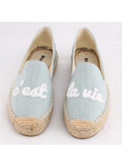 Round Toe Letter Embroidered Canvas Flats
