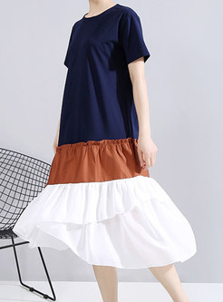 Short Sleeve Striped Ruffle Patchwork T-shirt Dress