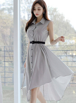 Turn Down Collar Sleeveless Striped Belted Dress