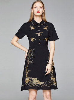 Black Lapel Print A Line Knee-length Dress