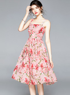 Pink Sleeveless Print Midi Sun Dress