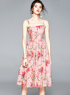 Pink Sleeveless Print Midi Sun Dress