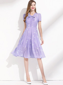 Purple Print Bowknot A Line Chiffon Dress