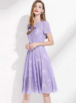Purple Print Bowknot A Line Chiffon Dress