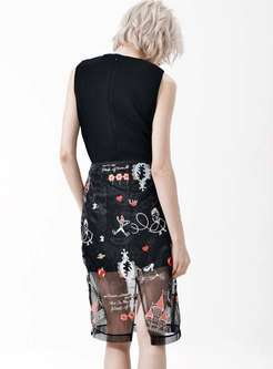 Black Openwork Mesh Embroidered Skirt Suits