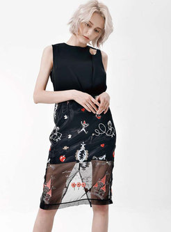 Black Openwork Mesh Embroidered Skirt Suits