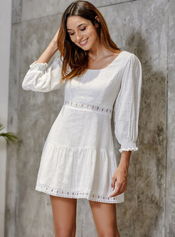 White Long Sleeve Openwork Mini Dress