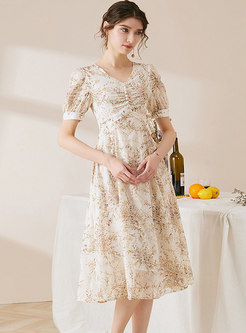Puff Sleeve Embroidered Print Chiffon Midi Dress